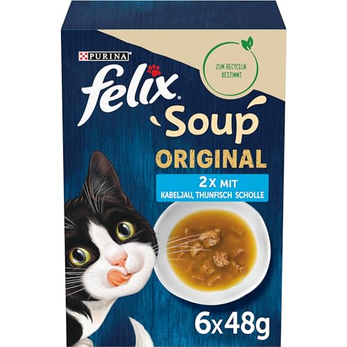 PURINA FELIX Soup Original mit Kabeljau, Thunfisch, Scholle Katzennassfutter, Portionsbeutel, 6x48g von Purina Felix