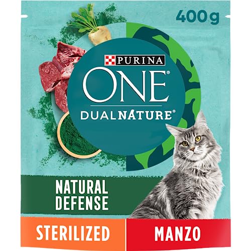 PURINA ONE DUALNATURE Kroketten sterilisierte Katze, reich an Rindfleisch und mit natürlicher Spirulina – 8 Beutel à 400 g von Purina ONE