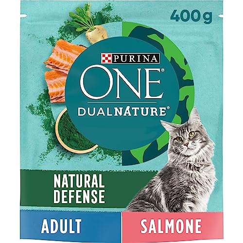 PURINA ONE Dualnature Natural Defense Trockenfutter für Erwachsene Katzen mit Lachs und natürlicher Spirulina, 8 Beutel à 400 g von Pro Plan