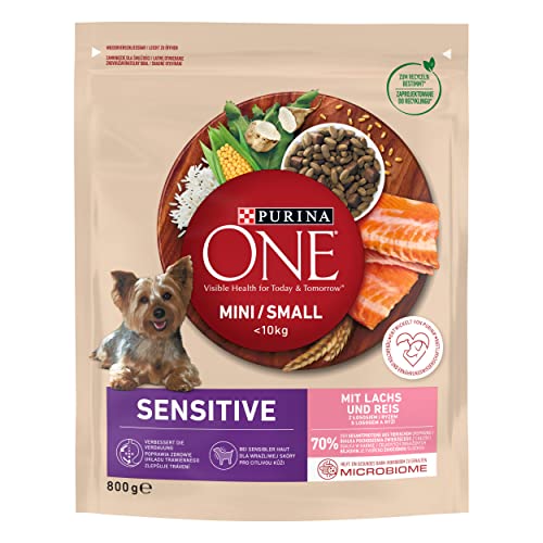 PURINA ONE Mini/Small Delicate Hundefutter trocken für kleine Hunde, reich an Lachs & Reis, 8er Pack (8 x 800g) von Purina ONE