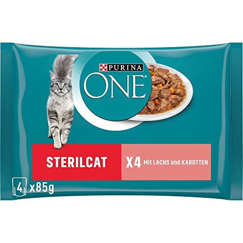 PURINA ONE STERILCAT Katzenfutter nass, zarte Stückchen in Sauce für sterilisierte Katzen, mit Lachs, 12er Pack (12 x 4 à 85g) von PURINA ONE