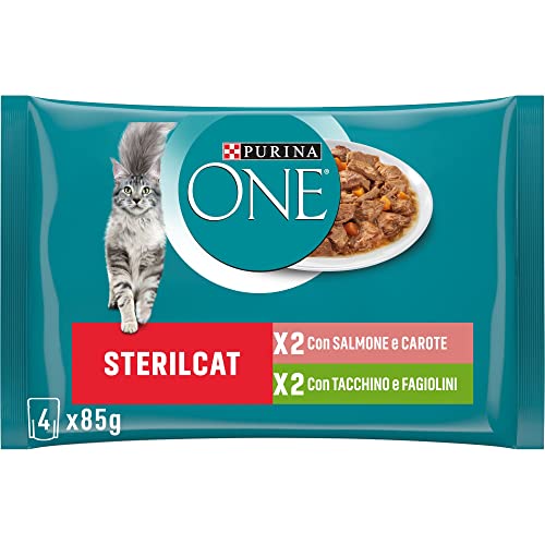 PURINA ONE Sterilcat Katzenfilets in Sauce mit Lachs und Karotten, mit Truthahn und grünen Bohnen, 48 Beutel à 85 g, 12 Packungen à 4 x 85 g von Purina ONE