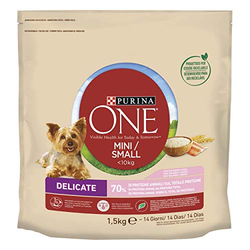 PURINA ONE Mini Small Delicate Trockenfutter für Erwachsene Hunde mit Lachs und Reis, 6 Beutel à 1,5 kg von Pro Plan