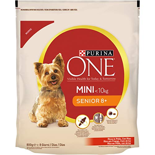 Purina One Mini, Senior 8+ Trockenfutter für ältere Hunde unter 10 kg kleine Größe, reich an Hühnchen mit Reis, 8 Packungen zu je 800 g von Pro Plan