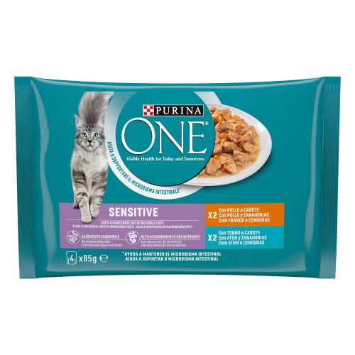 PURINA ONE Feuchte Katze Filellini in Sauce Sensitive mit Huhn und Karotten, mit Thunfisch und Karotten – 48 Beutel à 85 g (12 Packungen mit 4 x 85 g) von PURINA ONE