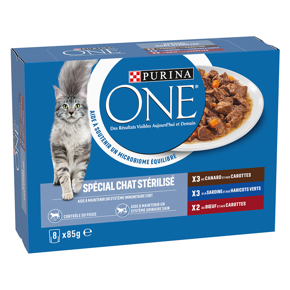 24 + 8 gratis! 32 x 85 g PURINA ONE  - Sterilized: Ente, Rind, Sardine von Purina One