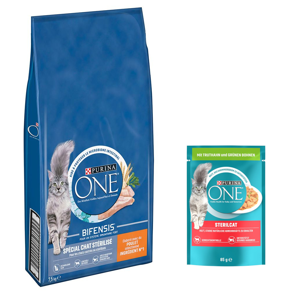 7,5 kg Purina ONE Sterilized + 26 x 85 g SterilCat Truthahn & grüne Bohnen Nassfutter gratis! - Huhn von Purina One
