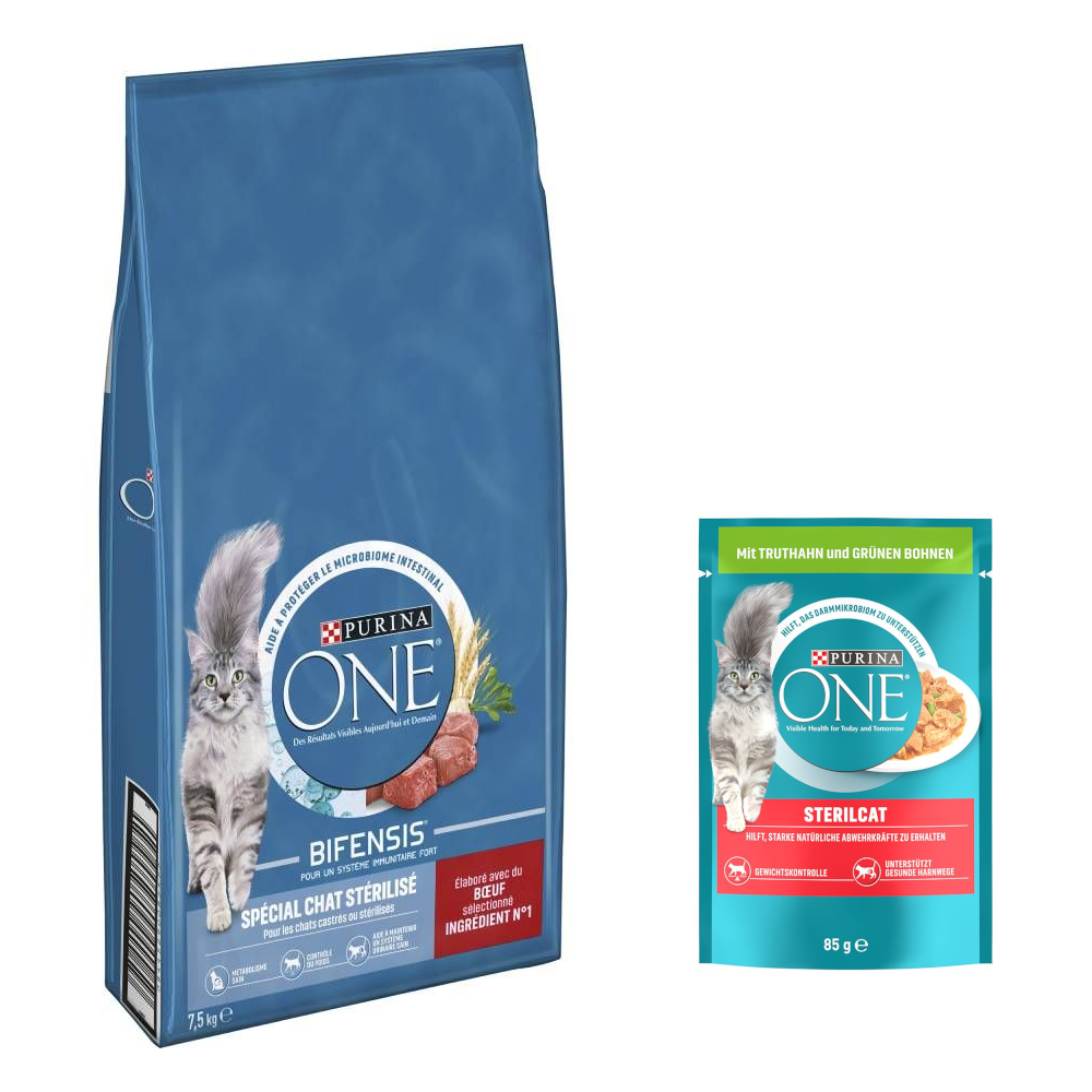 7,5 kg Purina ONE Sterilized + 26 x 85 g SterilCat Truthahn & grüne Bohnen Nassfutter gratis! - Rind von Purina One