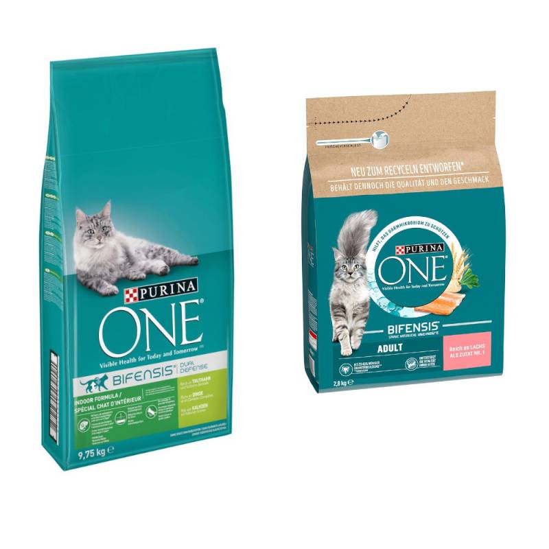 9,75 kg PURINA ONE + 2,8 kg Adult Lachs & Vollkorngetreide gratis! - Indoor Formula von Purina One