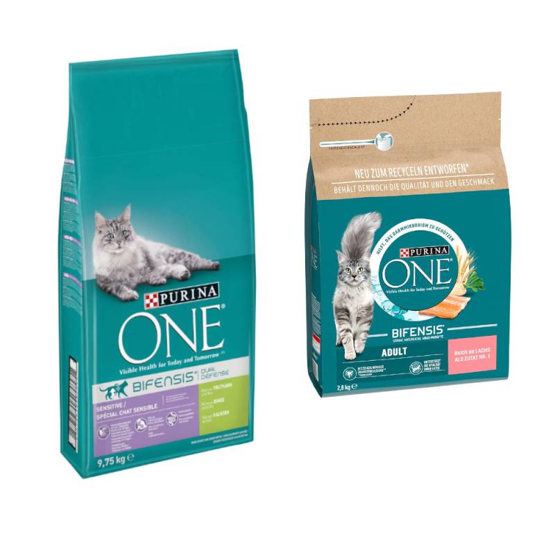 9,75 kg PURINA ONE + 2,8 kg Adult Lachs & Vollkorngetreide gratis! - Sensitive von Purina One