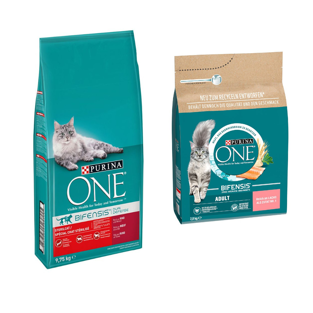 9,75 kg PURINA ONE + 2,8 kg Adult Lachs & Vollkorngetreide gratis! - SterilCat Rind von Purina One