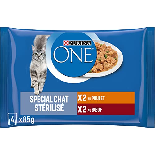 Nestlé Purina Petcare One Spezialfutter für kastrierte Katzen, Huhn und Rind – 4 x 85 g – im Frischebeutel, für ausgewachsene Katzen – 12 Pakete (= 48 Frischebeutel) von PURINA ONE