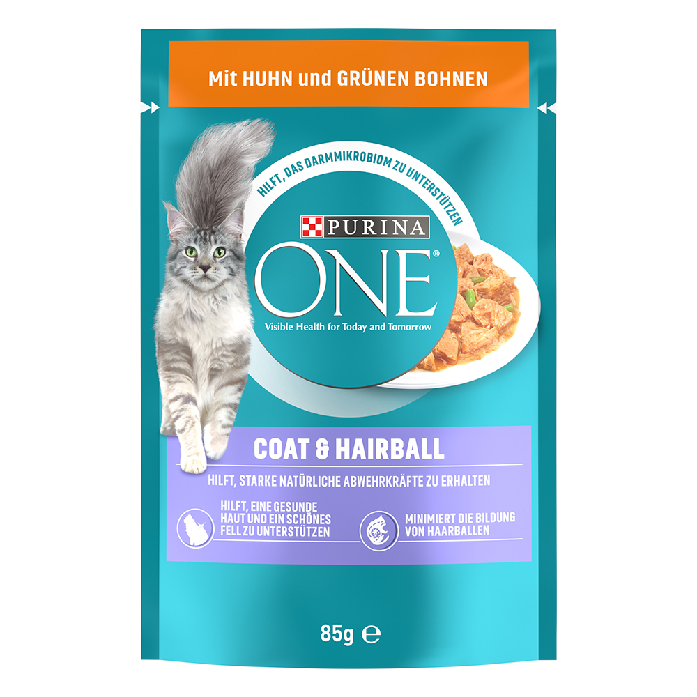 PURINA ONE Coat & Hairball - Sparpaket: mit Huhn & grünen Bohnen (52 x 85 g) von Purina One