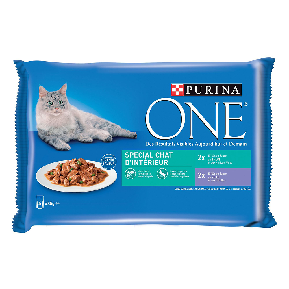 Sparpaket PURINA ONE 8 x 85 g - Indoor Thunfisch und Kalbfleisch von Purina One