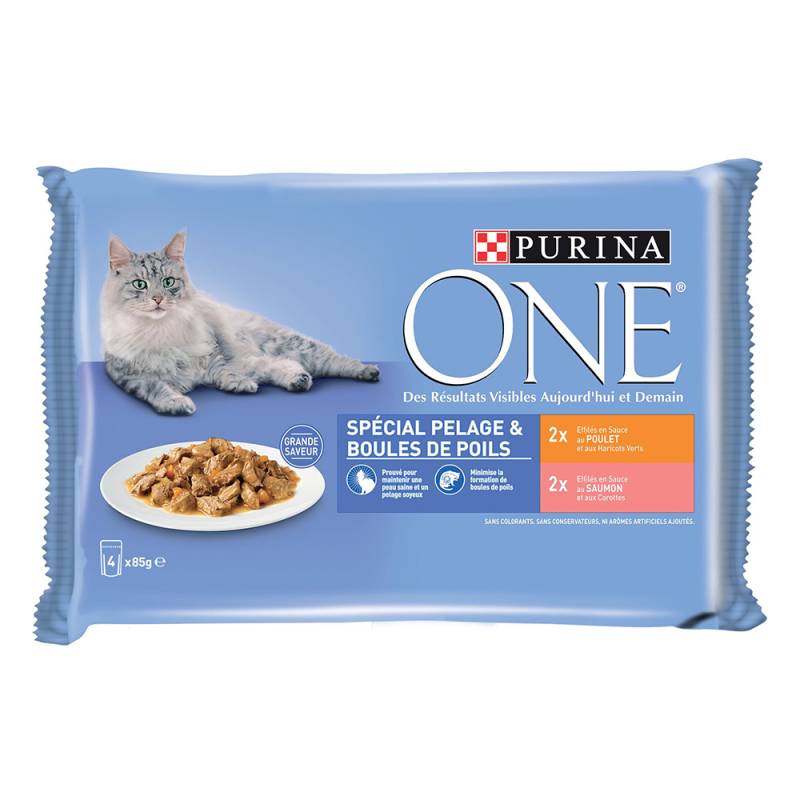 Sparpaket PURINA ONE 24 x 85 g - Coat & Hairball Huhn und Lachs von Purina One