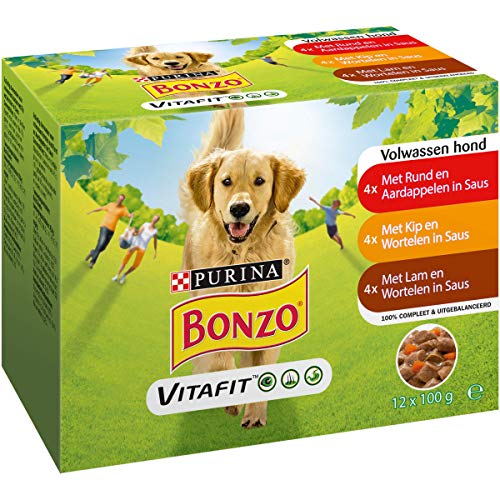 Bonzo Adult Hundefutter Mahlzeitbeutel Nassfutter, mit Rind & Kartoffeln, Huhn & Karotten, Lamm & Karotten in Sauce 12 X 100g - 4er Box (48 Mahlzeitenbeutel; 4,8kg) von Purina