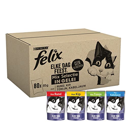 Felix Elke Dag Feest in Gelei Kattenvoer, Natvoer maaltijdzakjes met Rund, Kip, Kabeljauw & Tonijn, 80 x 85g (80 maaltijdzakjes; 6,8kg) von Felix