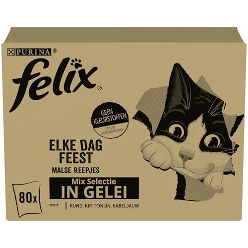 Felix Elke Dag Feest in Gelei Kattenvoer, Natvoer maaltijdzakjes met Rund, Kip, Kabeljauw & Tonijn, 80 x 85g (80 maaltijdzakjes; 6,8kg) von Felix