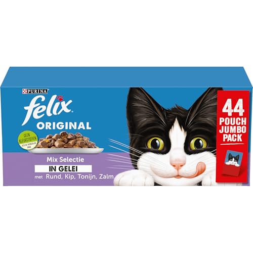 Felix Mix Selection in Jelly Katzenfutter, Nassfutterbeutel mit Rind, Huhn, Lachs & Thunfisch, 44 x 85 g (44 Beutel; 3,7 kg) von Purina