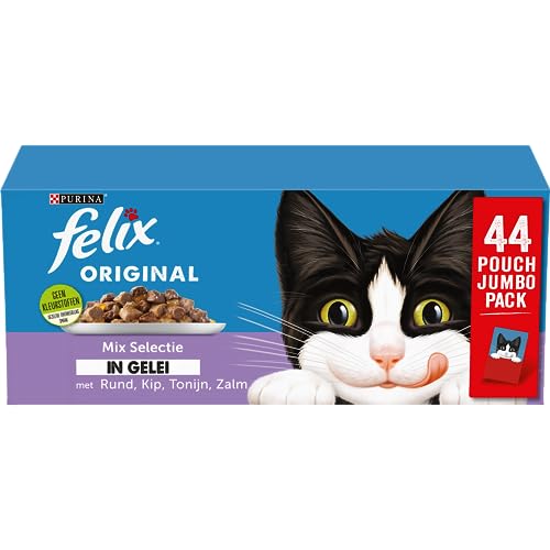 Felix Mix Selection in Jelly Katzenfutter, Nassfutterbeutel mit Rind, Huhn, Lachs & Thunfisch, 44 x 85 g (44 Beutel; 3,7 kg) von Purina
