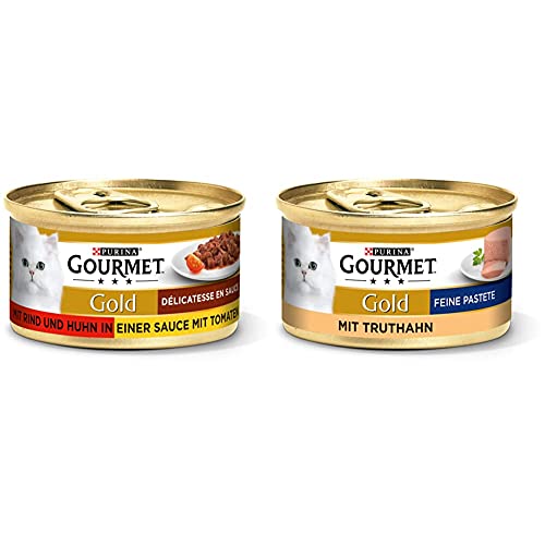 PURINA GOURMET Gold Délicatesse en Sauce Katzenfutter nass, mit Rind und Huhn, 12er Pack (12 x 85g) & Gold Feine Pastete Katzenfutter nass, mit Truthahn, 12er Pack (12 x 85g) von Purina