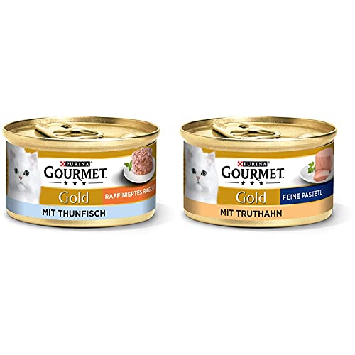 PURINA GOURMET Gold Raffiniertes Ragout Katzenfutter nass, mit Thunfisch, 12er Pack (12 x 85g) & Gold Feine Pastete Katzenfutter nass, mit Truthahn, 12er Pack (12 x 85g) von Purina