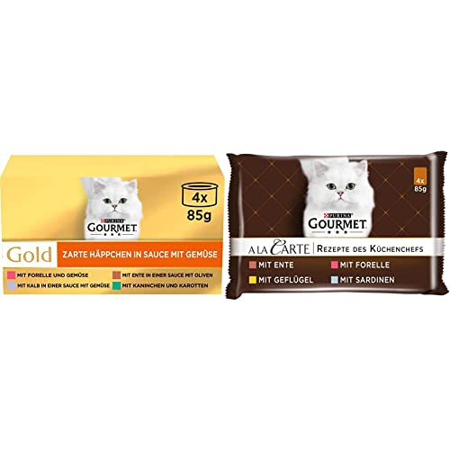 PURINA GOURMET Gold Zarte Häppchen in Sauce mit Gemüse Katzenfutter nass, Sorten-Mix, 12er Pack (12 x 4 Dosen à 85g) & A la Carte Katzenfutter nass, Sorten-Mix, 12er Pack (12 x 4 Beutel à 85g) von PURINA GOURMET