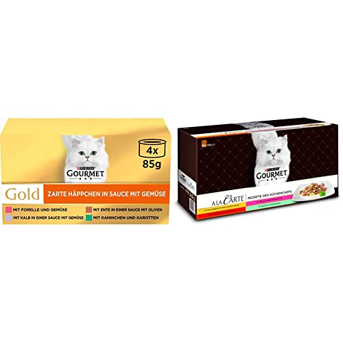PURINA GOURMET Gold Zarte Häppchen in Sauce mit Gemüse Katzenfutter nass, Sorten-Mix, 12er Pack (12 x 4 Dosen à 85g) & A la Carte Katzenfutter nass, Sorten-Mix, 60er Pack (60 x 85g) von PURINA GOURMET