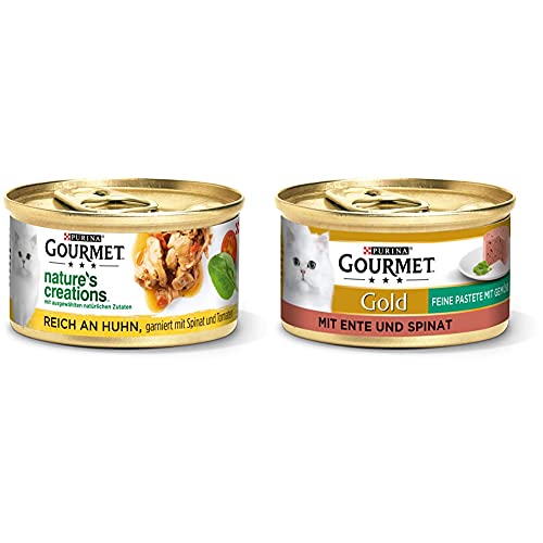 PURINA GOURMET Nature's Creation Katzennassfutter in Gelee naturbelassen, Huhn, 12er Pack (12 x 85g) & Gold Feine Pastete mit Gemüse Katzenfutter nass, mit Ente und Spinat, 12er Pack (12 x 85g) von Purina