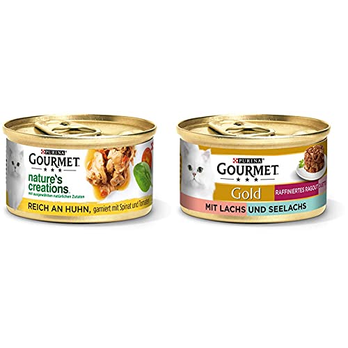 PURINA GOURMET Nature's Creation Katzennassfutter in Gelee naturbelassen, Huhn, 12er Pack (12 x 85g) & Gold Raffiniertes Ragout Duetto Katzenfutter nass, Lachs und Seelachs, 12er Pack (12 x 85g) von Purina