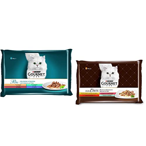 PURINA GOURMET Perle Erlesene Streifen Katzenfutter nass, Sorten-Mix, 12er Pack (12 x 4 Beutel à 85g) & A la Carte Katzenfutter nass, Sorten-Mix, 12er Pack (12 x 4 Beutel à 85g) von Purina