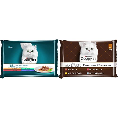 PURINA GOURMET Perle Erlesene Streifen Katzenfutter nass, Sorten-Mix, 12er Pack (12 x 4 Beutel à 85g) & A la Carte Katzenfutter nass, Sorten-Mix, 12er Pack (12 x 4 Beutel à 85g) von Purina