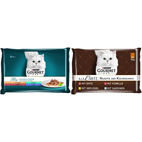 PURINA GOURMET Perle Erlesene Streifen Katzenfutter nass, Sorten-Mix, 12er Pack (12 x 4 Beutel à 85g) & A la Carte Katzenfutter nass, Sorten-Mix, 12er Pack (12 x 4 Beutel à 85g) von PURINA GOURMET