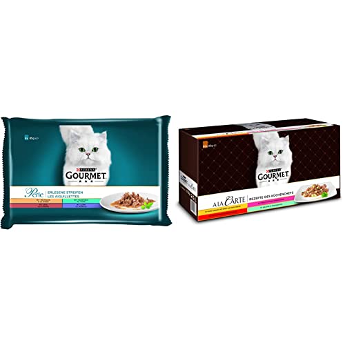 PURINA GOURMET Perle Erlesene Streifen Katzenfutter nass, Sorten-Mix, 12er Pack (12 x 4 Beutel à 85g) & A la Carte Katzenfutter nass, Sorten-Mix, 60er Pack (60 x 85g) von Purina