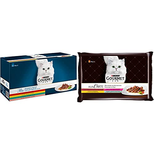 PURINA GOURMET Perle Erlesene Streifen Katzenfutter nass, Sorten-Mix, 60er Pack (60 x 85g) & A la Carte Katzenfutter nass, Sorten-Mix, 12er Pack (12 x 4 Beutel à 85g) von PURINA GOURMET