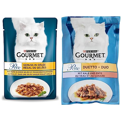 PURINA Gourmet Perle Genuss in Gelee Katzenfutter nass mit Huhn & feiner Brathuhnnote 26er Pack (26 x 85g) & PURINA Gourmet Perle Duetto Katzenfutter nass, mit Kalb und Ente, 26er Pack (26 x 85g) von Purina