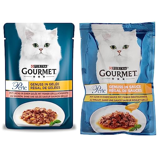 PURINA Gourmet Perle Genuss in Gelee Katzenfutter nass mit Lachs & feiner Grillachsnote 26er Pack (26 x 85g) & PURINA Gourmet Perle Genuss in Sauce Katzenfutter nass, mit Huhn, 26er Pack (26 x 85g) von Purina