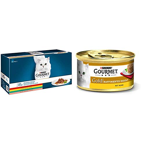 Purina GOURMET Perle Erlesene Streifen: Katzennassfutter mit Huhn, Rind, Lachs & Kaninchen, 60er Multipack & Gold Raffiniertes Ragout, köstliches Katzennassfutter, Katzenfutter nass, 12er Pack von Purina