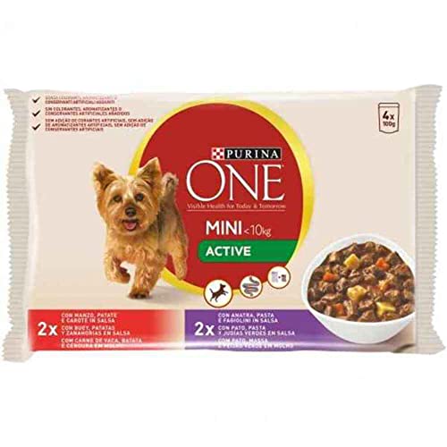 Purina One Mini Active Knospen in Sauce, Nassfutter für kleine Hunde, bis 10 kg, mit Rind, Ente und Gemüse, 4 Beutel à 100 g Purina One Mini Active Knospen in Sauce, Nassfutter für kleine Hunde, bis 10 kg, mit Rind, Ente und Gemüse, 4 Beutel à 100 g von Purina