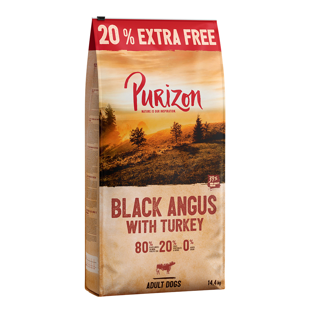 12 kg + 20% gratis! 14,4 kg Purizon Trockenfutter - getreidefrei .- Black-Angus Rind mit Truthahn von Purizon