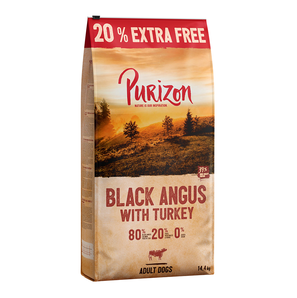 12 kg + 20% gratis! 14,4 kg Purizon Trockenfutter - getreidefrei - Black-Angus-Rind mit Truthahn von Purizon