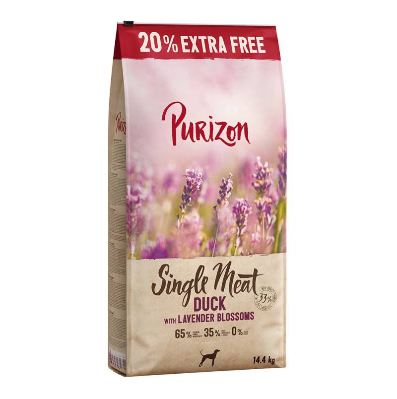 12 kg + 20% gratis! 14,4 kg Purizon Trockenfutter - getreidefrei - Single Meat Ente mit Lavenderblüten von Purizon