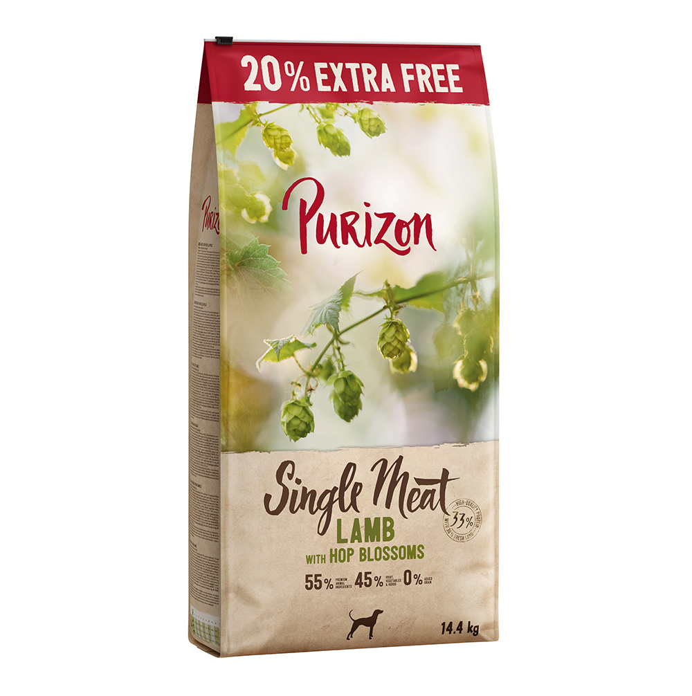 2,4 kg gratis! 14,4 kg Purizon Trockenfutter - getreidefrei - Single Meat Lamm mit Hopfenblüten von Purizon