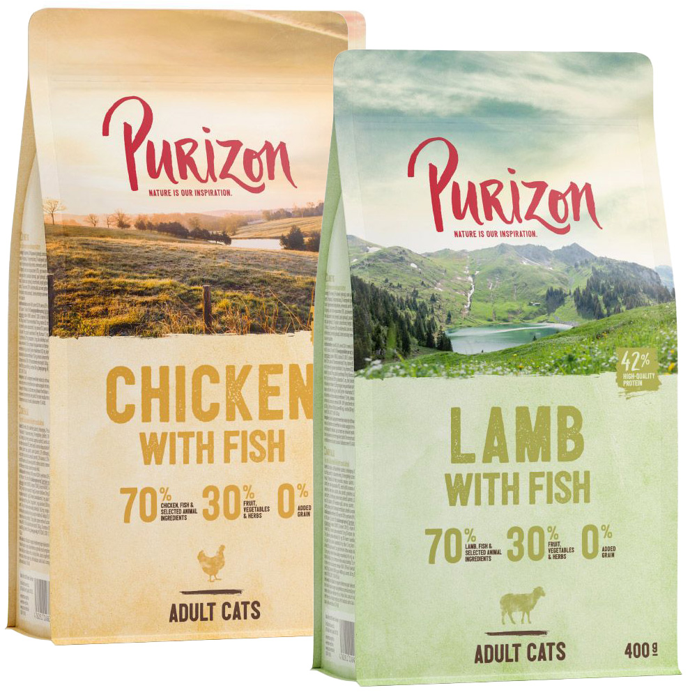 2 x 400 g Purizon Katzentrockenfutter zum Probierpreis! - Adult Huhn & Fisch, Lamm & Fisch, von Purizon