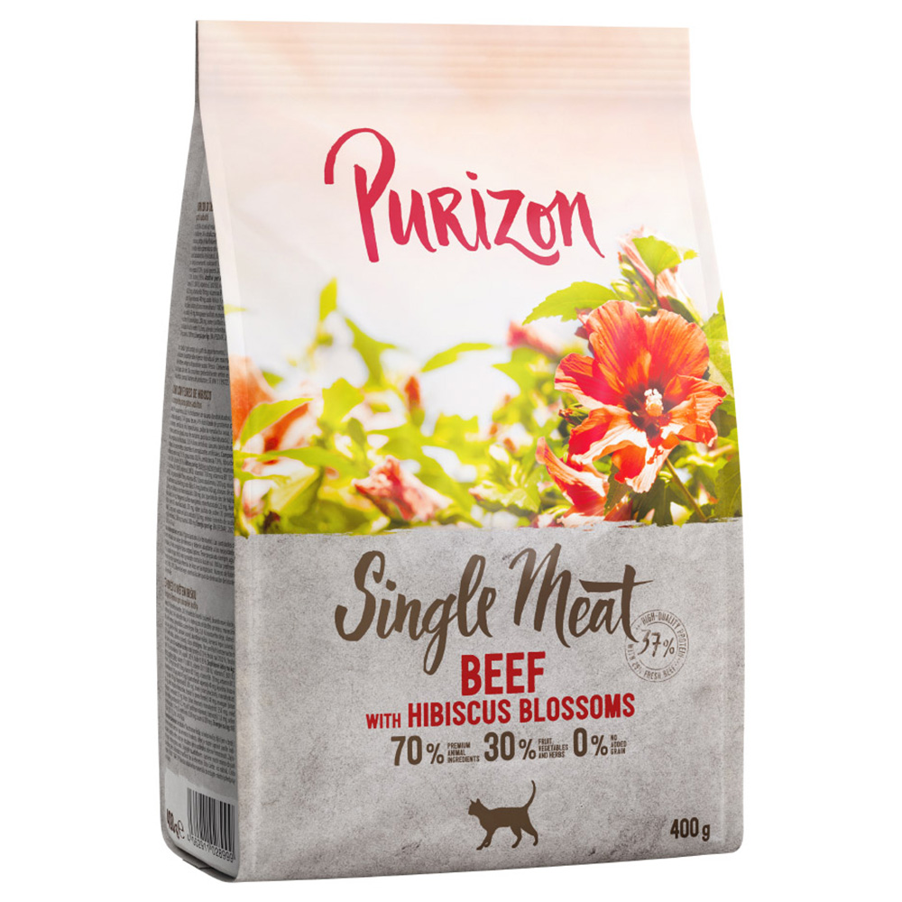 2 x 400 g Purizon Katzentrockenfutter zum Probierpreis! - Single Meat Rind mit Hibiskusblüten von Purizon