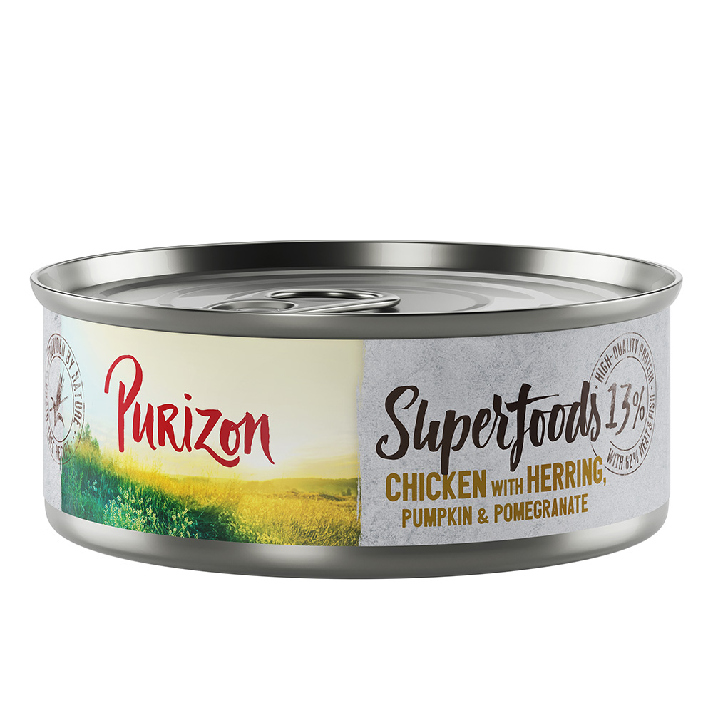 24 x 70 / 85 g Purizon Katzenfutter zum Sonderpreis!  - Superfoods: Huhn mit Hering, Kürbis und Granatapfel (24 x 70 g) von Purizon