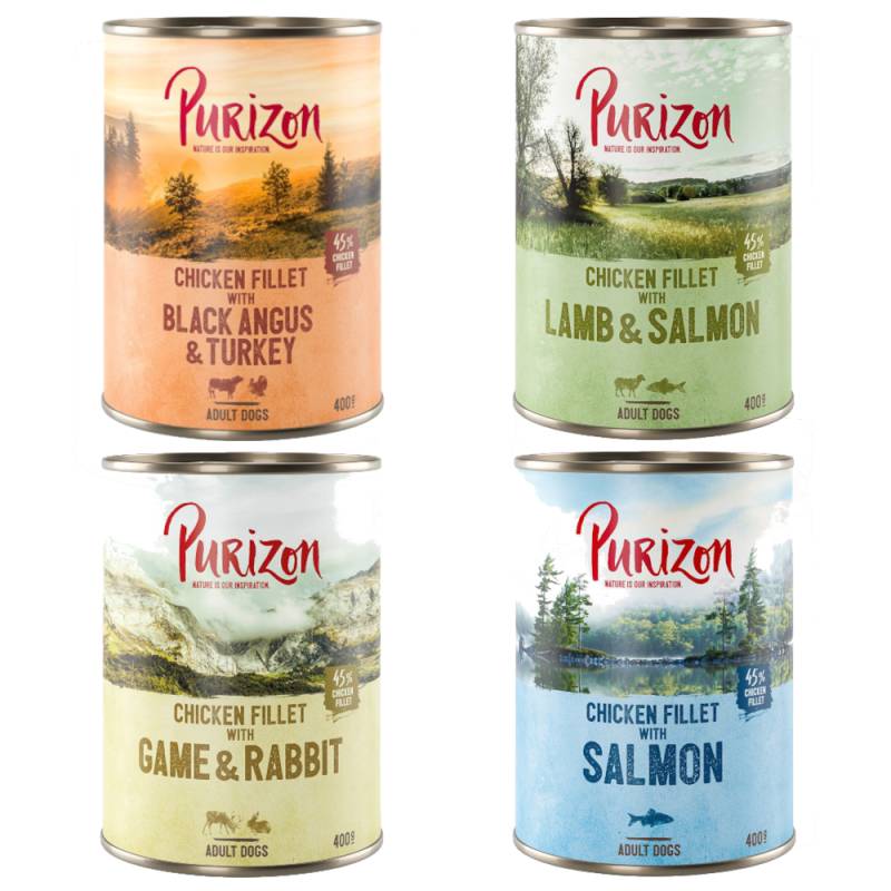6 x 400/800 g Purizon Nassfutter zum Sonderpreis - Mix 4 Sorten (2 x 400 g Black-Angus, 2 x 400 g Lamm, 1 x 400 g Lachs, 1 x 400 g Wild) von Purizon