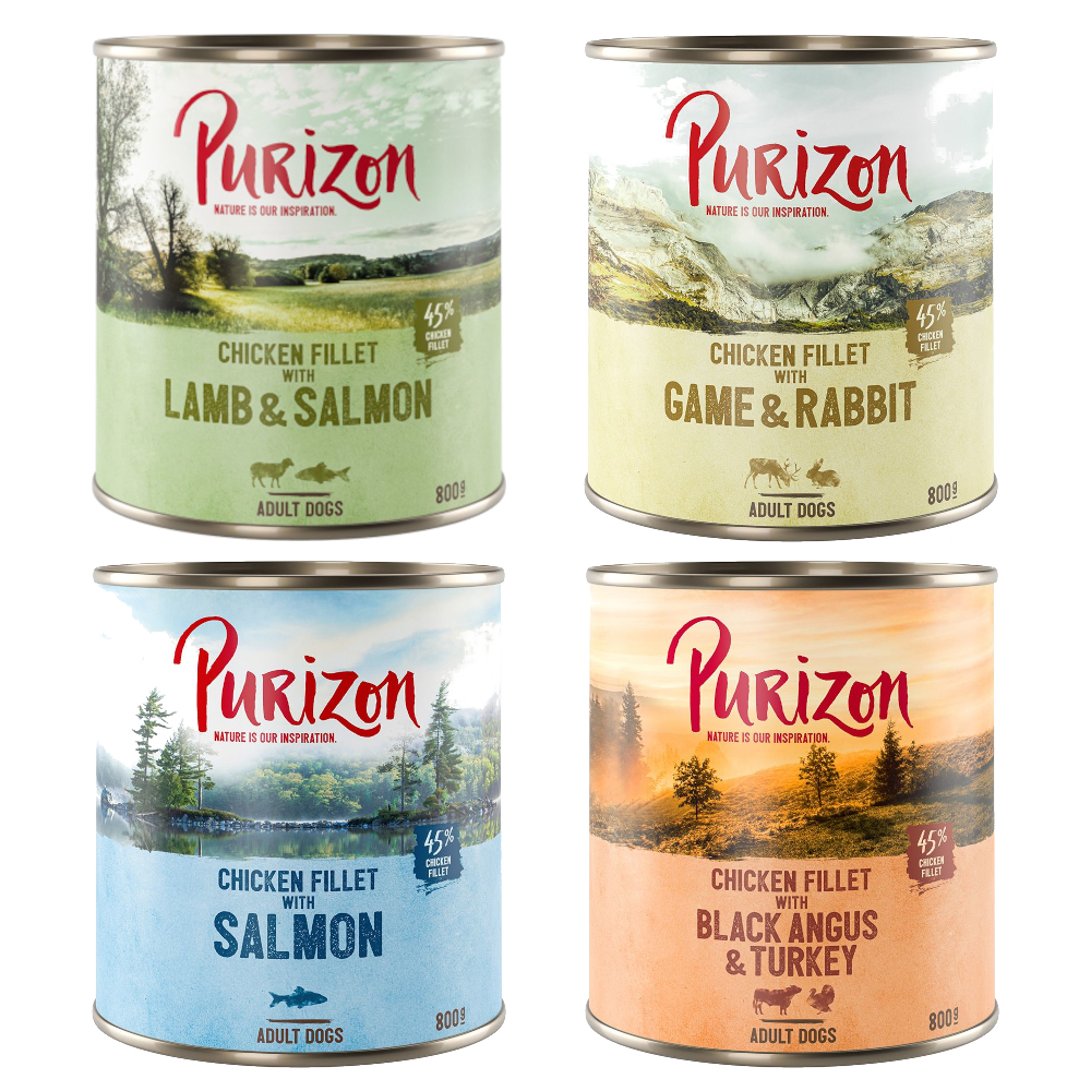 6 x 400/800 g Purizon Nassfutter zum Sonderpreis - Mix 4 Sorten (2 x 800 g Black-Angus, 2 x 800 g Lamm, 1 x 800 g Lachs, 1 x 800 g Wild) von Purizon
