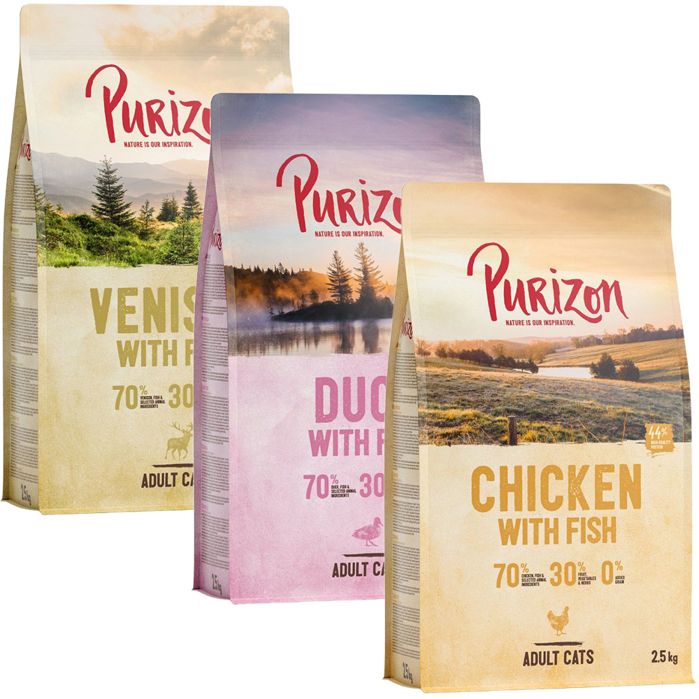 Gemischtes Sparpaket Purizon 3 x 2,5 kg - Huhn & Fisch / Ente & Fisch / Hirsch & Fisch von Purizon