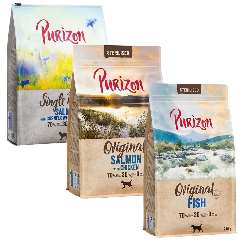 Gemischtes Sparpaket Purizon 3 x 2,5 kg - Sterilised Adult Lachs mit Huhn, Single Meat Lachs, Sterilised Adult Fisch Gemischtes Sparpaket Purizon 3 x 2,5 kg - Sterilised Adult Lachs mit Huhn, Single Meat Lachs, Sterilised Adult Fisch von Purizon